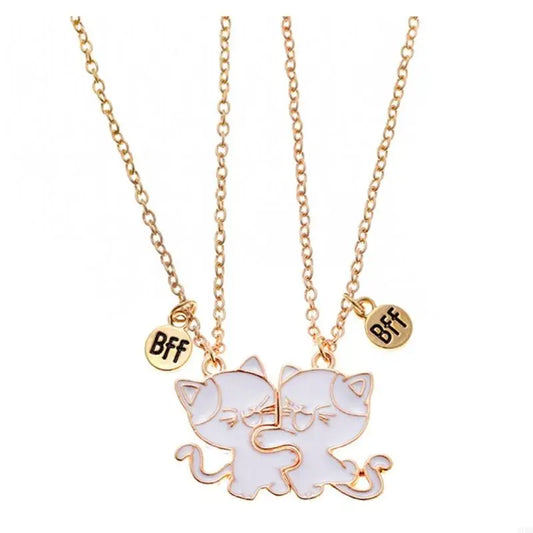 Two gold necklaces with cat pendants and 'BFF' charms on a white background