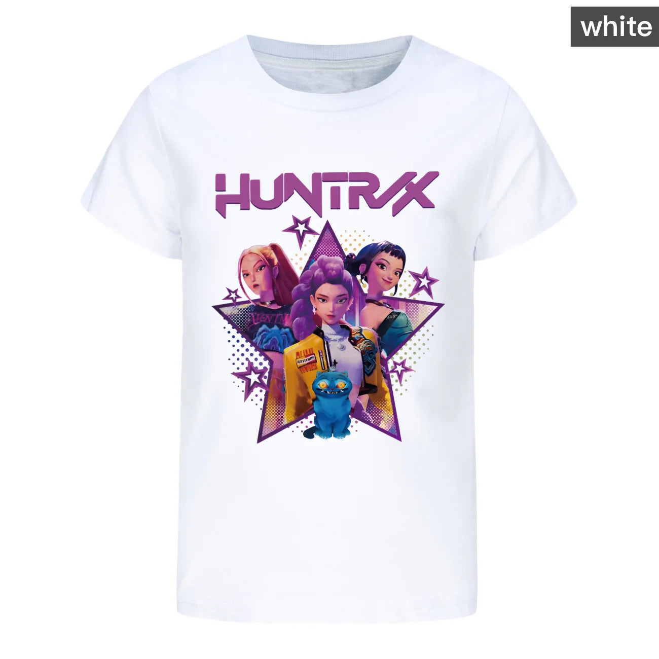 White t-shirt with 'HUNTRIX' graphic design featuring characters and a star on a white background.
