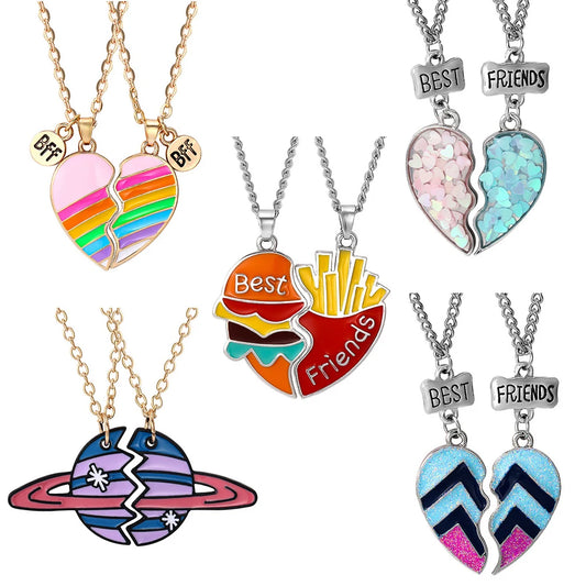 Collection of colorful necklaces with heart and friendship designs on a white background
